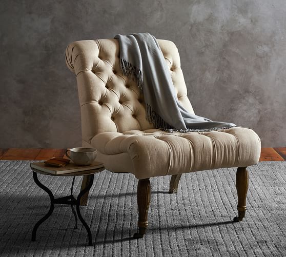 Pottery Barn CAROLYN TUFTED SLIPPER CHAIR Oatmeal Linen pottery barn upholstered furniture sale
