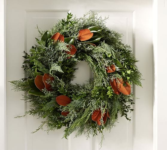 Pottery Barn LIVE FRESH BUNCHES WREATH Magnolia Boxwood Firs Cedars pottery barn 20% sale fall 2016