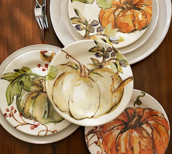 Pottery Barn WATERCOLOR PAINTED PUMPKIN DINNER PLATE, MIXED SET OF 4 pottery barn 20% sale