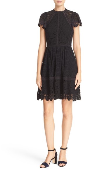 Rebecca Taylor Mix Lace A-Line Dress Black lace dresses fall wedding guest season