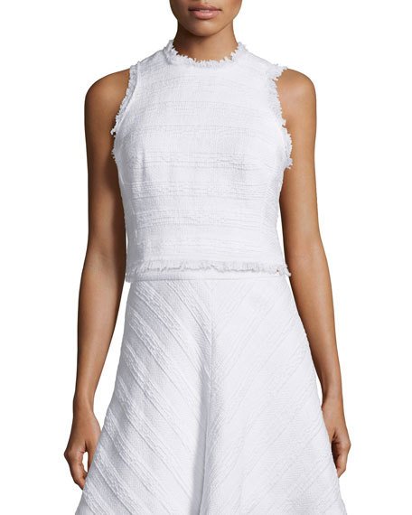Rebecca Taylor Sleeveless Fringe-Trim Crop Top Sea Salt fringe tops summer fall 2016