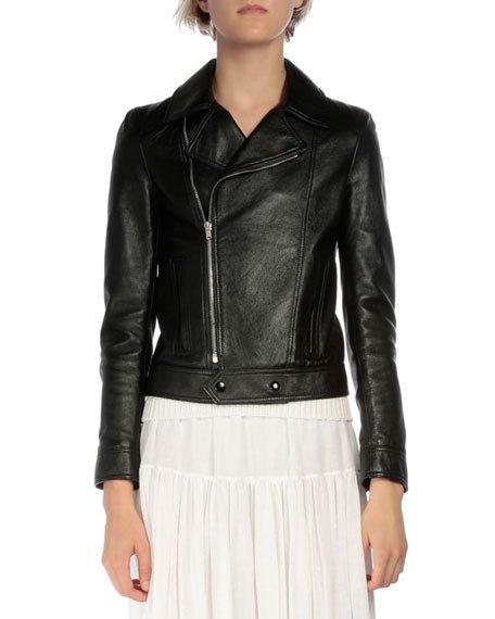 Saint Laurent Long-Sleeve Leather Moto Jacket Black leather moto jackets 