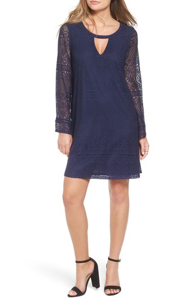 Sequin Hearts Keyhole Lace Shift Dress Navy Blue lace dresses fall wedding guest season