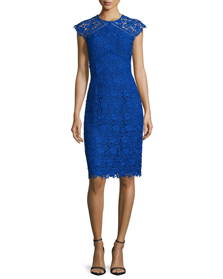 Shoshanna Cap-Sleeve Lace Sheath Dress Azure  lace dresses fall wedding guest