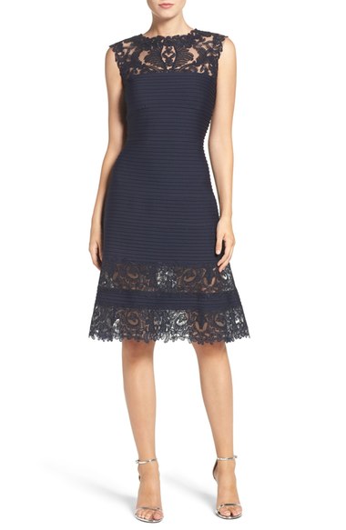 Tadashi Shoji Embroidered Mixed Media Fit & Flare Dress Navy Blue lace dresses fall wedding guest season