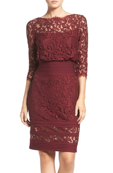 Tadashi Shoji Pleat Waist Lace Blouson Dress Auburn lace dresses fall wedding guest