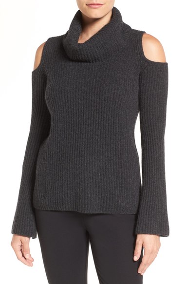 Tahari Elie Tahari 'Torrence' Cold Shoulder Cashmere Cowl Neck Sweater Bell Sleeves Charcoal Melange cowl neck sweaters fall 2016 trend