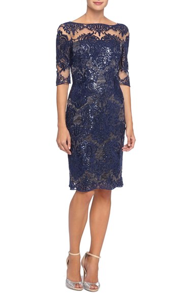 Tahari Sequin Lace Sheath Dress (Regular & Petite) Navy Blue lace dresses fall wedding guest season