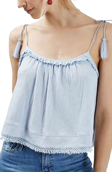 Topshop Tassel Tie Fringe Camisole Light Blue fringe tops summer fall 2016
