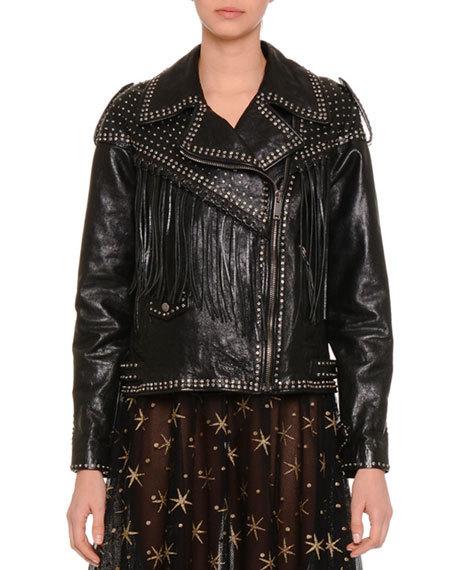 Valentino Asymmetric Zip-Front Fringe Leather Moto Jacket Black leather moto jackets fall 2016