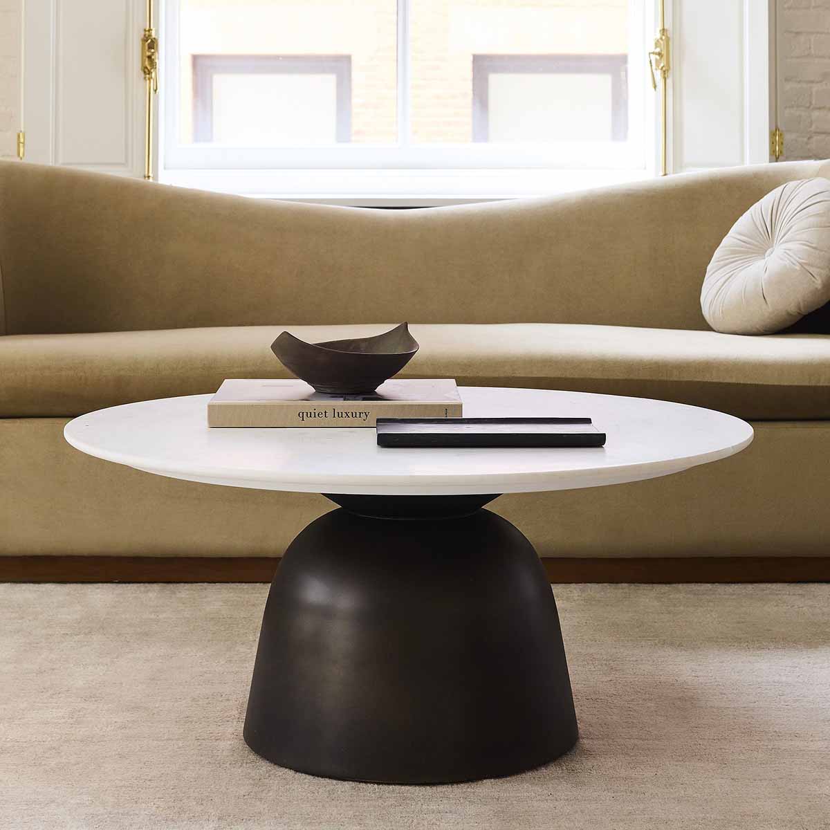 West Elm Olina Marble Coffee Table (36) Banswara Marble Top Vintage Bronze Bottom best marble coffee tables