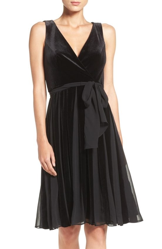 Adrianna Papell Velvet Fit & Flare Dress Black fit and flare dresses fall wedding guest season