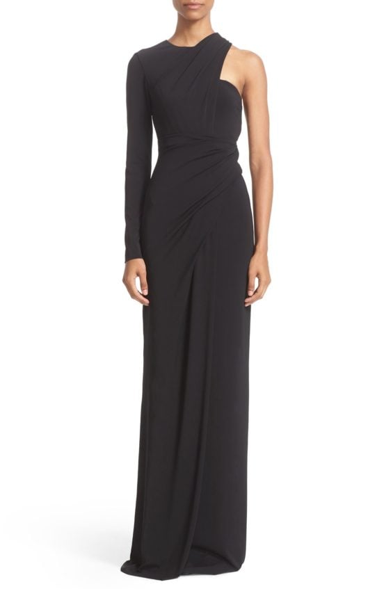 Alexander Wang Draped Asymmetrical One-Sleeve Gown Black one shoulder dresses fall wedding guest