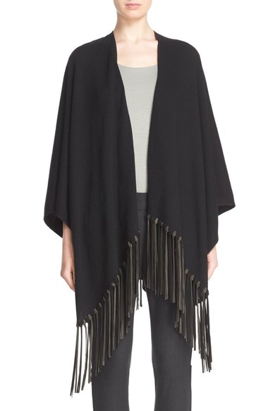 Armani Collezioni Leather Fringe Knit Poncho Black capes fall 2016