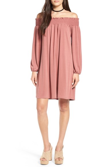BP. Off the Shoulder Shift Dress Rust Adobe off the shoulder dresses for fall wedding guest season