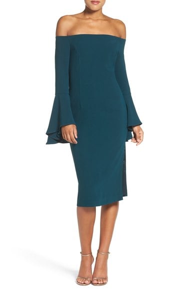 Bardot 'Solange' Off the Shoulder Midi Dress Teal off the shoulder dresses for fall wedding guest season