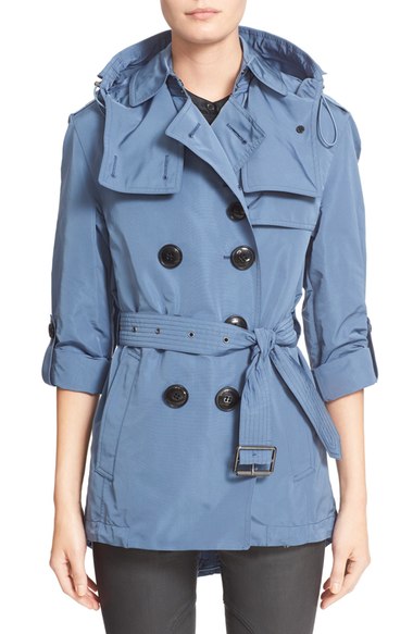 Burberry Brit 'Knightsdale' Belted Drop Tail Hooded Trench Coat Pale Lupin Blue trench coats fall 2016