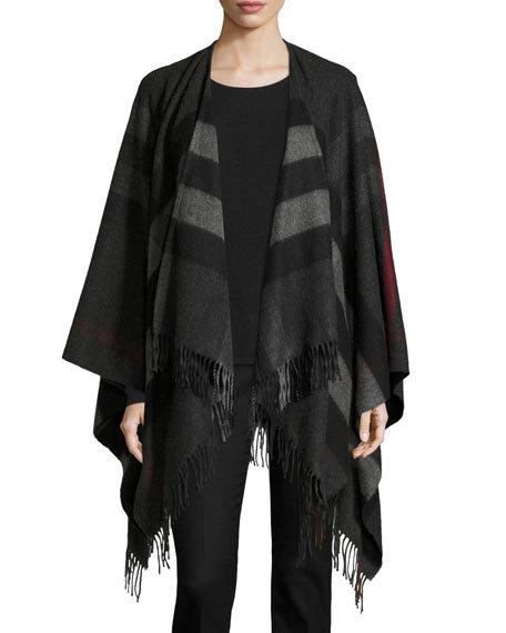 Burberry Collette Check Fringe-Trim Cape Charcoal capes fall 2016