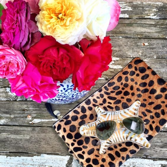 candace rose Gorgeous garden roses in a vintage ginger jar, Clare V. leopard print clutch, Jonathan Adler zebra print dish and Ray-Ban shrunken aviator sunglasses shopbop event of the season sale candie anderson blog
