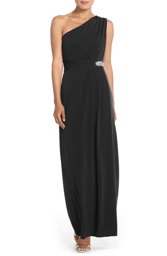 ELLEN TRACY Embellished Jersey Fit and Flare One Shoulder Gown Black one shoulder dresses fall wedding guest season 