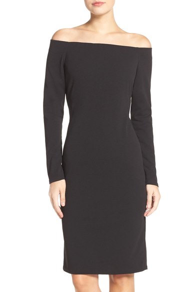 Eliza J Off the Shoulder Scuba Sheath Dress Black off the shoulder dresses fall wedding guest season
