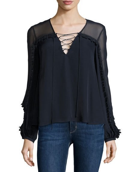 Haute Hippie Long-Sleeve Silk Lace-Up Blouse, Midnight Blue lace-up tops fall 2016
