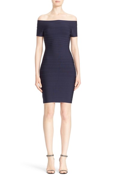 Herve Leger 'Carmen' Off the Shoulder Bandage Dress Navy Blue off the shoulder dresses fall wedding guest