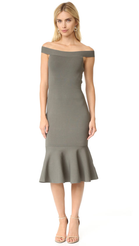 Keepsake If Only Knit Off The Shoulder Dress Khaki off the shoulder dresses fall wedding guest