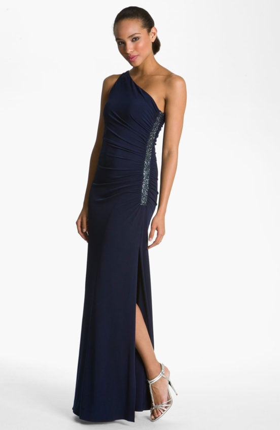 LAUNDRY BY SHELLI SEGAL Beaded Panel One Shoulder Jersey Gown Midnight one shoulder dresses fall wedding guest season