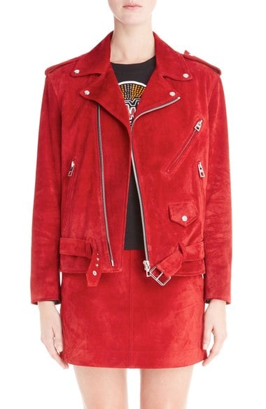 LOEWE Suede Moto Jacket Red suede moto jackets fall 2016