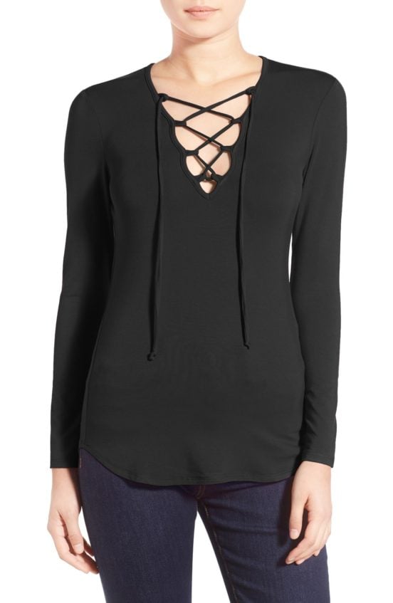 Leith Lace-Up Long Sleeve Top Black lace-up tops fall 2016