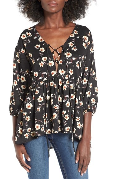 Lucca Couture Floral Print Lace-Up Blouse Black Floral lace-up tops fall