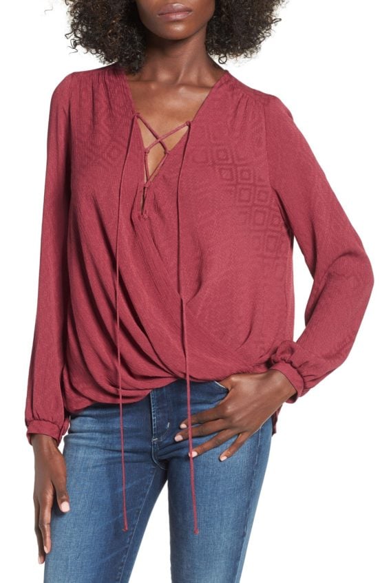 Lush Lace-Up Surplice Blouse Burgundy lace-up tops fall 2016