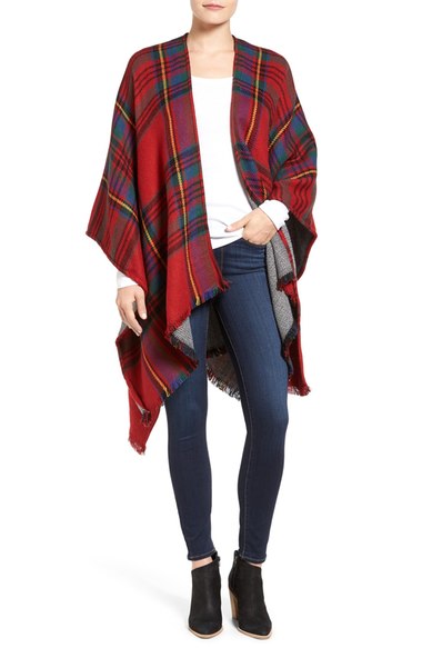MODENA Reversible Plaid & Herringbone Cape Red capes for fall