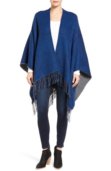 MODENA Reversible Solid & Houndstooth Cape Blue Houndstooth capes fall 