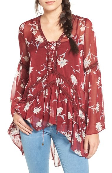MOON RIVER Floral Print Chiffon Tunic Burgundy lace-up tops 