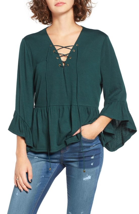 MOON RIVER Lace-Up Bell Sleeve Top Hunter Green lace-up tops 