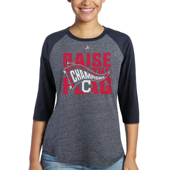 Majestic Threads Cleveland Indians Women's Gray/Navy 2016 American League Champions Locker Room Raglan Raise The Flag Long Sleeve T-Shirt 
