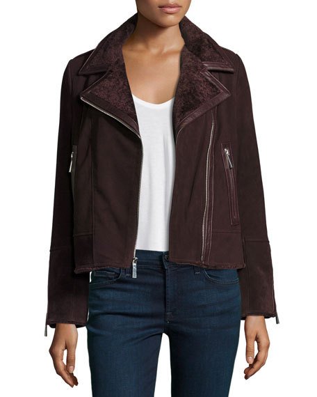 Neiman Marcus Suede Moto Jacket w/ Shearling Collar Bordeaux  suede moto jackets fall 2016