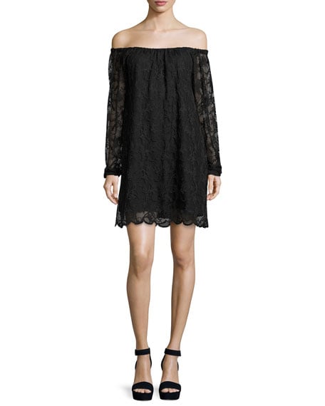Nightcap Clothing Dentelle Lace Off-the-Shoulder Shift Dress Black  off the shoulder fall dresses wedding guest season