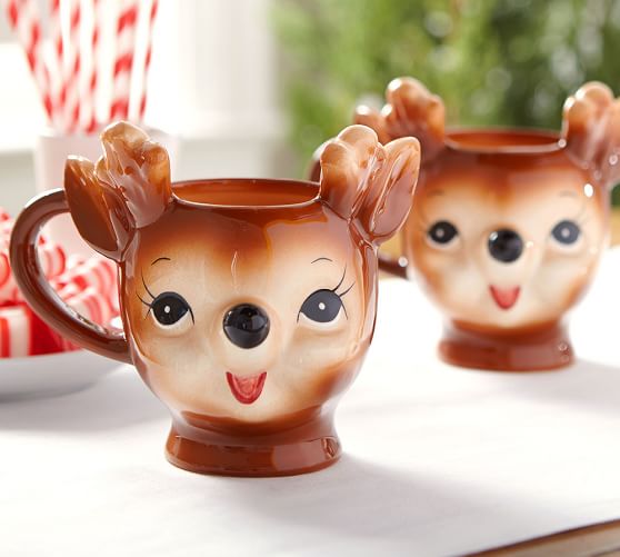 Pottery Barn CHEEKY REINDEER FIGURAL MUG - BENEFITING GIVE A LITTLE HOPE CAMPAIGN pottery barn mugs sale