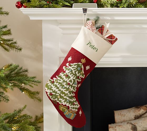Pottery Barn CLASSIC CREWEL EMBROIDERED STOCKING - CHRISTMAS TREE pottery barn friends and family sale 