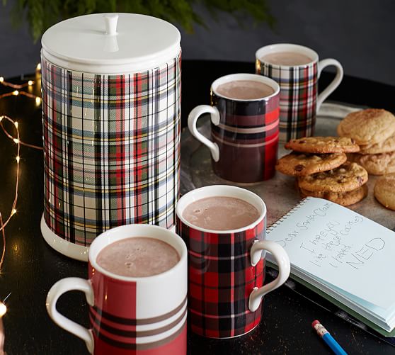 Pottery Barn PLAID REACTIVE GLAZE MUG, MCKINLEY PLAID - BLACK/RED pottery barn mugs sale