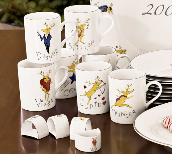 Pottery Barn SANTA'S REINDEER MUGS, MIXED SET OF 4 Dasher Dancer Prancer Vixen Comet Cupid Donner Blitzen pottery barn mugs sale
