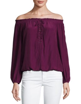Ramy Brook Jill Off-the-Shoulder Lace-Up Blouse Sangria