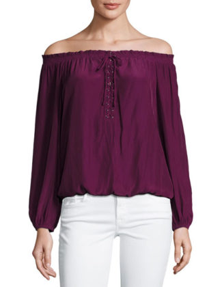 Ramy Brook Jill Off-the-Shoulder Lace-Up Blouse Sangria