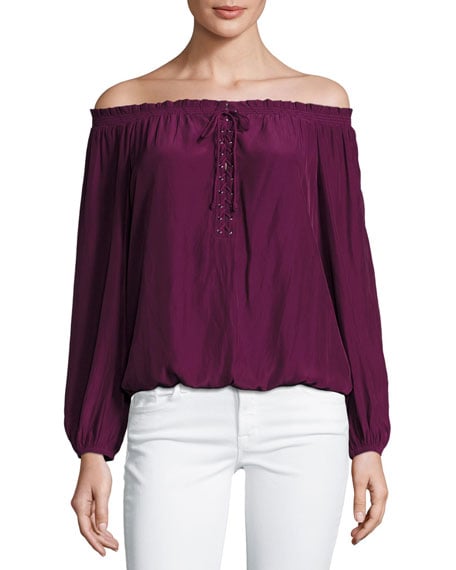 Ramy Brook Jill Off-the-Shoulder Lace-Up Blouse Sangria