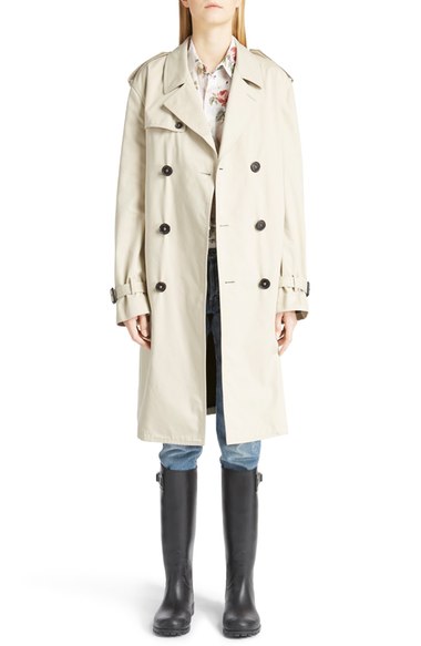 Saint Laurent Double Breasted Gabardine Trench Coat Light Mastic trench coats fall 2016