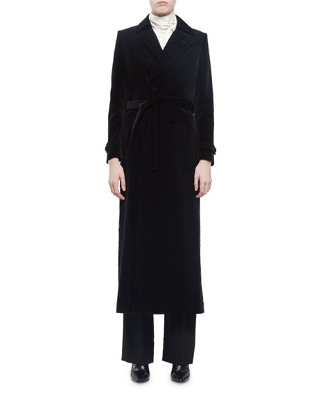 Saint Laurent Long Double-Breasted Velvet Trench Coat Black