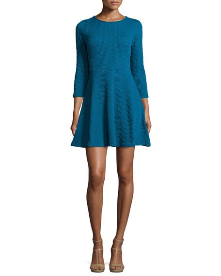 Shoshanna 3/4-Sleeve Fit-and-Flare Jacquard Dress Teal fall wedding guest dresses 